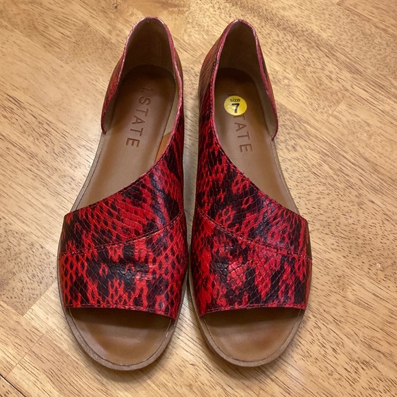 1. State Shoes - 1. State Celvin Snake Print Leather D'Orsay Sandal Flats, Red + Black ~ Size 7
